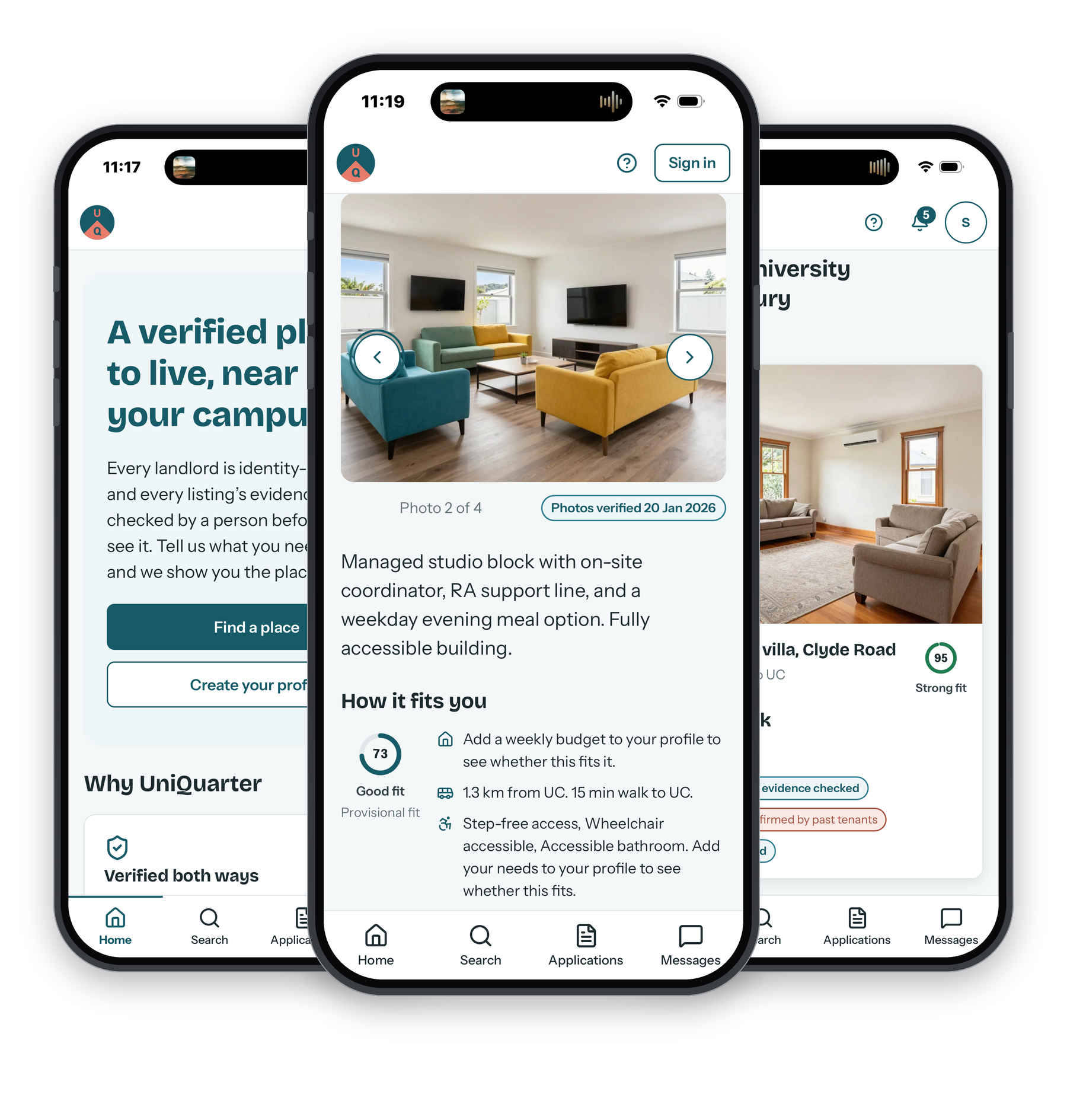 Three UniQuarter app screens: the home screen, a listing with photos and a fit score, and listings near campus with verification badges