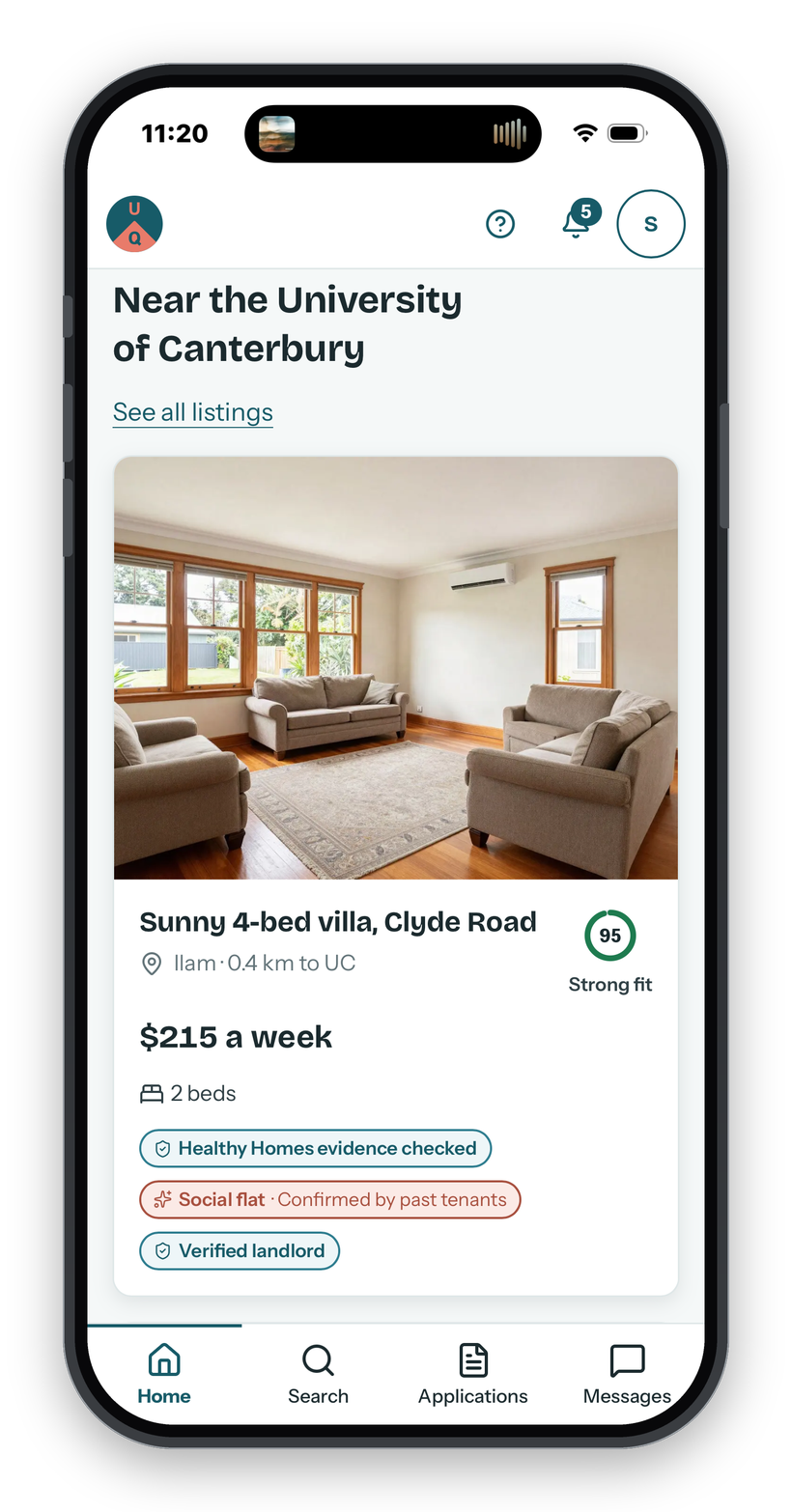 The UniQuarter app showing listings near campus, each with a fit score, a Healthy Homes evidence check and a verified landlord badge